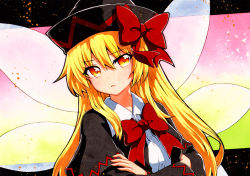 Rule 34 | 1girl, bad id, bad pixiv id, black capelet, black dress, black hat, blonde hair, blush, capelet, collared shirt, crossed arms, dress, fairy, fairy wings, hair between eyes, hat, lily black, lily white, long hair, long sleeves, open mouth, qqqrinkappp, red ribbon, ribbon, shirt, solo, touhou, traditional media, upper body, white shirt, wings, yellow eyes