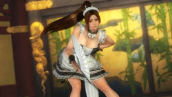 Rule 34 | 1girl, 3d, alternate costume, breasts, brown eyes, brown hair, cleavage, dead or alive, dead or alive 5, enmaided, fatal fury, female focus, folding fan, hand fan, highres, holding, holding fan, indoors, large breasts, long hair, maid, matching hair/eyes, official alternate costume, official art, ponytail, shiranui mai, solo, the king of fighters