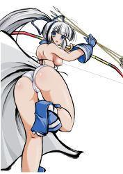 Rule 34 | 1girl, arrow (projectile), ass, bent over, blue eyes, bow, bow (weapon), bra, breasts, c.r., cameltoe, gloves, hair bow, large breasts, lingerie, long hair, looking back, majikina mina, panties, ponytail, samurai spirits, sandals, sideboob, snk, socks, solo, underwear, very long hair, weapon, white hair