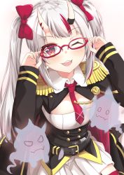 Rule 34 | 1girl, absurdres, blush, borumete, breasts, commentary request, fang, glasses, hair ornament, highres, hololive, horns, long hair, looking at viewer, multicolored hair, nakiri ayame, one eye closed, open mouth, red eyes, silver hair, skin-covered horns, smile, solo, teeth, upper teeth only, virtual youtuber