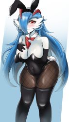 Rule 34 | 1girl, animal ears, ass, bare shoulders, between breasts, black gloves, black pantyhose, blue hair, blush, bow, bowtie, breasts, cleavage, covered navel, creatures (company), detached collar, elbow gloves, fake animal ears, fang, fishnet thighhighs, fishnets, game freak, gardevoir, gen 3 pokemon, gloves, hair over one eye, hand on own chest, highres, large breasts, legs apart, leotard, nintendo, original, pantyhose, playboy bunny, pokemon, pokemon (creature), rabbit ears, rabbit tail, red eyes, scrapy, skin fang, solo, tail, thick thighs, thighhighs, thighhighs over pantyhose, thighs, two-tone background, wide hips