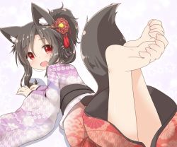 Rule 34 | 1girl, alternate costume, alternate hairstyle, animal ears, barefoot, brown hair, fang, feet, feet up, floral print, flower, hair flower, hair ornament, hair up, imaizumi kagerou, japanese clothes, kimono, long hair, long sleeves, looking back, lying, natsu no koucha, on stomach, open mouth, red eyes, simple background, smile, soles, solo, tail, tassel, the pose, toe scrunch, toes, touhou, white background, wide sleeves, wolf ears, wolf tail, aged down