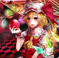 Rule 34 | 1girl, apple, bad id, bad pixiv id, blonde hair, collarbone, fang, female focus, flandre scarlet, food, fruit, hat, hat ribbon, magic circle, red eyes, ribbon, rukito, side ponytail, solo, touhou, wings