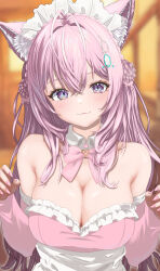 1girl :3 absurdres animal_ears antenna_hair bare_shoulders blue_eyes blurry blurry_background blush bow bowtie braid braided_bun breasts cleavage closed_mouth collar crown_braid detached_collar double_bun dress fingernails hair_bow hair_bun hair_intakes hair_ornament hakui_koyori highres hololive large_breasts long_hair long_sleeves looking_at_viewer maid maid_headdress multicolored_eyes nail_polish pink_bow pink_bowtie pink_dress pink_hair pink_lips pink_nails purple_eyes smile solo virtual_youtuber wakaunderblade7 white_collar wolf_ears wolf_girl