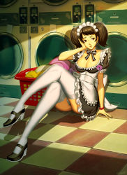 Rule 34 | 1girl, apron, basket, brown eyes, brown hair, commission, genzoman, kawakami sadayo, laundry, legs, long hair, looking to the side, maid, maid apron, panties, persona, persona 5, sitting, solo, thighhighs, underwear, washing machine, white panties, white thighhighs