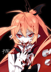 Rule 34 | 1girl, artist name, black background, black dress, blood, blood on clothes, blood on face, demon girl, demon wings, dress, finger to mouth, funamusea, haiiro teien, licking lips, long hair, looking at viewer, monster girl, pink hair, ponytail, psd, puffy sleeves, rawberry, slit pupils, solo, tongue, tongue out, wings
