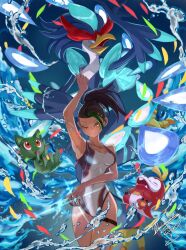 Rule 34 | 1girl, alternate costume, arm up, bare arms, black hair, breasts, commentary, competition swimsuit, covered navel, creatures (company), eyelashes, fuecoco, game freak, highres, holding, holding tera orb, long hair, looking at viewer, mochachiiino, multicolored hair, nemona (pokemon), nintendo, one-piece swimsuit, one eye closed, pokemon, pokemon (creature), pokemon sv, ponytail, quaquaval, smile, sprigatito, swimsuit, tera orb, thigh strap, thighs, two-tone hair, water