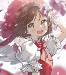 Rule 34 | 1girl, :d, absurdres, arm up, blurry, blurry background, blush, bow, bowtie, brown hair, cardcaptor sakura, depth of field, flower, green eyes, hat, highres, kinomoto sakura, looking at viewer, open mouth, petals, pink flower, pink hat, pomu (joynet), puffy short sleeves, puffy sleeves, red bow, red bowtie, short hair, short sleeves, signature, smile, solo, teeth, upper body, upper teeth only, white bow, wrist cuffs