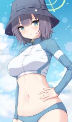 Rule 34 | 1girl, absurdres, bikini, black hair, black hat, blue archive, blue bikini, blue eyes, blue sky, closed mouth, cloud, cowboy shot, crop top, cropped jacket, frown, halo, hand on own hip, hat, hayana neru, highres, jacket, long sleeves, looking at viewer, navel, official alternate costume, saki (blue archive), saki (swimsuit) (blue archive), short hair, sky, solo, stomach, swimsuit, v-shaped eyebrows