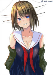 Rule 34 | 10s, 1girl, blue eyes, blush, breasts, brown hair, cleavage, collarbone, dress, grin, hair ornament, headgear, kantai collection, looking at viewer, maya (kancolle), medium breasts, pleated skirt, sailor dress, school uniform, serafuku, short hair, simple background, sketch, skirt, smile, solo, tai (nazutai), twitter username, untied, upper body, white background