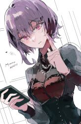Rule 34 | 1girl, asymmetrical hair, bang dream!, bang dream! it&#039;s mygo!!!!!, black corset, black shirt, character name, collared shirt, commentary, corset, dated, hashtag-only commentary, heart, highres, holding, holding phone, index finger raised, jewelry, long sleeves, looking at viewer, necklace, parted lips, phone, pink eyes, purple hair, reiboubyou, see-through, see-through sleeves, shirt, solo, upper body, white background, yuutenji nyamu