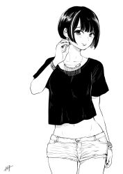 Rule 34 | 1girl, bad id, bad twitter id, bangle, black nails, black shirt, blunt bangs, blush, bracelet, breasts, closed mouth, collarbone, commentary request, cowboy shot, dated, earrings, eyelashes, fingernails, greyscale, groin, hand to head, hand up, highres, jewelry, lipstick, long fingernails, makeup, monochrome, nail polish, navel, necklace, nikaidou kou, original, shirt, short hair, short shorts, short sleeves, shorts, signature, simple background, smile, solo, standing, stud earrings, white background