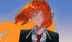 Rule 34 | 1girl, black coat, blush, bow, brown hairband, closed mouth, coat, collared shirt, freckles, gradient background, green eyes, hair bow, hairband, highres, ishmael (project moon), limbus company, long hair, looking at viewer, msx (mis4xi), necktie, orange hair, project moon, red necktie, shirt, sidelocks, solo, upper body, very long hair, white bow, white shirt, wing collar