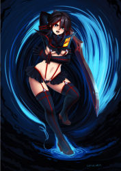Rule 34 | 10s, 1girl, barbariank, black hair, black thighhighs, blue eyes, boots, breasts, elbow gloves, gloves, hairpods, highres, horns, kill la kill, living clothes, matoi ryuuko, microskirt, multicolored hair, over shoulder, revealing clothes, scissor blade (kill la kill), senketsu, short hair, skirt, solo, streaked hair, suspenders, sword, sword over shoulder, thigh boots, thighhighs, two-tone hair, underboob, weapon, weapon over shoulder
