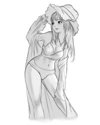 Rule 34 | 1girl, adjusting clothes, adjusting headwear, azurdraws, bikini, breasts, cleavage, coat, commentary, greyscale, hand on own knee, hat, highres, jewelry, leaning forward, long hair, looking to the side, monochrome, navel, necklace, open clothes, open coat, original, parted lips, solo, spanish commentary, sun hat, swimsuit