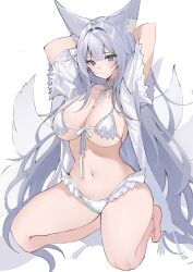 Rule 34 | 1girl, animal ears, arms up, azur lane, barefoot, bikini, blue eyes, blush, breasts, cleavage, closed mouth, fox ears, fox girl, fox tail, grey hair, kneeling, komuer, large breasts, long hair, looking at viewer, multiple tails, navel, official alternate costume, shinano (azur lane), shinano (dreamy white sands) (azur lane), sideboob, simple background, solo, stomach, swimsuit, tail, thighs, underboob, very long hair, white background, white bikini