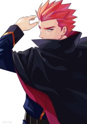 Rule 34 | 1boy, belt, black cape, blue jacket, cape, commentary request, creatures (company), game freak, hand up, jacket, lance (pokemon), long sleeves, looking back, male focus, nintendo, pokemon, pokemon hgss, popped collar, red hair, short hair, simple background, solo, spiked hair, upper body, white background, y (036 yng)
