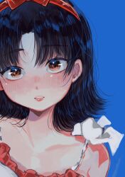 Rule 34 | 1girl, ano nimaru, black hair, blue background, blush, commentary request, dress, hairband, highres, kirigoe mima, looking at viewer, medium hair, parted lips, perfect blue, red eyes, red hairband, simple background, sleeveless, sleeveless dress, solo