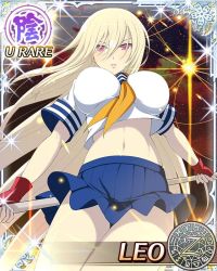 Rule 34 | 10s, 1girl, blonde hair, blue skirt, breasts, card (medium), character name, cosplay, crop top, fingerless gloves, gloves, holding, holding weapon, ikkitousen, kan&#039;u unchou, kan&#039;u unchou (cosplay), large breasts, leo (senran kagura), long hair, looking at viewer, midriff, navel, official art, parted lips, pleated skirt, polearm, purple eyes, red gloves, school uniform, senran kagura, senran kagura new wave, serafuku, shirt, skirt, solo, trading card, very long hair, weapon, white shirt, yaegashi nan