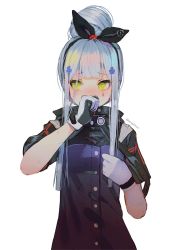 Rule 34 | black gloves, black jacket, black ribbon, blue jacket, blush, bow, clenched hand, commentary request, covering own mouth, cowboy shot, embarrassed, facial tattoo, flower, girls&#039; frontline, gloves, green eyes, hair bow, hair flower, hair ornament, hair ribbon, hairpin, hanato (seonoaiko), highres, hk416 (girls&#039; frontline), holding, holding own hair, jacket, long hair, looking away, multicolored clothes, multicolored gloves, multicolored jacket, ribbon, silver hair, solo, tattoo, teardrop, white gloves