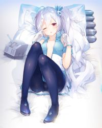 Rule 34 | 1girl, ;o, antenna hair, azur lane, bed sheet, bilibili, blue jacket, blush, breasts, breasts apart, collarbone, full body, gloves, hair between eyes, hair ornament, hairclip, hairpin, highres, jacket, knees up, laffey (azur lane), long hair, looking at viewer, lying, machinery, no bra, on back, one eye closed, open clothes, open jacket, open mouth, open shirt, pillow, red eyes, shirt, short sleeves, side ponytail, silver hair, sleepy, small breasts, solo, turret, very long hair, waking up, white gloves, wiping face, yatsuha (hachiyoh)