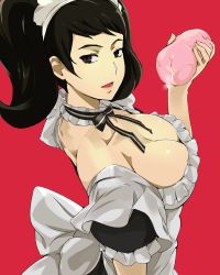 Rule 34 | 1girl, artificial vagina, bad id, bad pixiv id, black bow, black eyes, black hair, bow, breasts, cafekun, choker, cleavage, collarbone, commentary request, cum, frilled choker, frilled sleeves, frills, highres, kawakami sadayo, large breasts, long hair, looking at viewer, looking back, maid, maid headdress, open mouth, persona, persona 5, puffy short sleeves, puffy sleeves, red background, revision, sex toy, short hair, short sleeves, simple background, solo, twintails, upper body, white bow