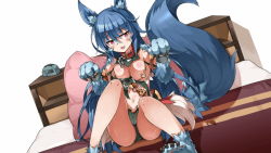 Rule 34 | 1girl, animal ears, animal feet, animal hands, artist request, bed, blue hair, breasts, collar, fang, froze (monster musume), game cg, long hair, medium breasts, midriff, monster musume no iru nichijou, monster musume no iru nichijou online, navel, official art, on bed, pillow, red eyes, sitting, solo, tail, wardrobe malfunction, wolf ears, wolf girl, wolf tail