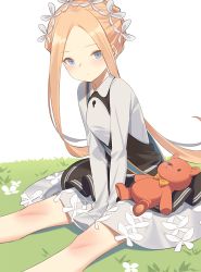 Rule 34 | 1girl, abigail williams (fate), abigail williams (festival outfit) (fate), black skirt, blonde hair, bloomers, blue eyes, blush, braid, breasts, closed mouth, dress, fate/grand order, fate (series), forehead, french braid, grass, heroic spirit chaldea park outfit, keyhole, kildir, long hair, long sleeves, looking at viewer, maid headdress, official alternate costume, parted bangs, sash, simple background, sitting, skirt, sleeves past wrists, small breasts, solo, stuffed animal, stuffed toy, teddy bear, thighs, underwear, very long hair, white background, white bloomers, white dress