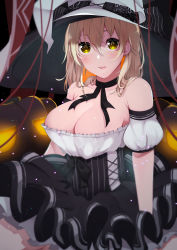 Rule 34 | 1girl, :q, akuan (7jackpot7), bad id, bad pixiv id, bare shoulders, black ribbon, blonde hair, blurry, blush, breasts, choker, cleavage, depth of field, detached sleeves, halloween, hat, highres, large breasts, long hair, looking at viewer, original, peaked cap, puffy short sleeves, puffy sleeves, ribbon, short sleeves, sitting, smile, solo, string, tongue, tongue out, yellow eyes