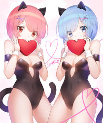 Rule 34 | 2girls, :o, animal ears, apple caramel, bad id, bad pixiv id, bare shoulders, blue hair, box, breasts, cat ears, cat tail, cleavage, commentary request, hair ornament, heart, highres, holding, holding box, kittysuit, leotard, looking at viewer, medium breasts, multiple girls, nontraditional playboy bunny, pink hair, playboy bunny, re:zero kara hajimeru isekai seikatsu, rem (re:zero), short hair, siblings, sisters, smile, tail, twins, wrist cuffs, x hair ornament