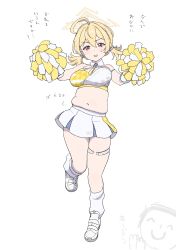 Rule 34 | 1girl, ?, absurdres, ahoge, armband, bare shoulders, blonde hair, blue archive, blush, braid, breasts, cheerleader, commentary request, contrapposto, crop top, detached collar, dot nose, hair between eyes, halo, head tilt, highres, holding, holding pom poms, karaage53ko, kneehighs, kotori (blue archive), kotori (cheer squad) (blue archive), long hair, looking at viewer, medium breasts, midriff, millennium cheerleader outfit (blue archive), muffin top, navel, open mouth, pleated skirt, plump, pom pom (cheerleading), pom poms, red eyes, sensei (blue archive), shoes, short twintails, simple background, skirt, sleeveless, sneakers, socks, solo, solo focus, standing, standing on one leg, sweatdrop, thick thighs, thighlet, thighs, translation request, twintails, white footwear, white skirt, wing collar, yellow halo