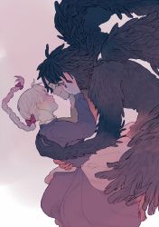 Rule 34 | 00s, 1boy, 1girl, braid, couple, dress, feathers, hand on another&#039;s face, hetero, highres, howl (howl no ugoku shiro), howl no ugoku shiro, long hair, matatatatabi, sophie (howl no ugoku shiro), studio ghibli, white hair, wings