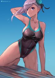 Rule 34 | 1girl, absurdres, arm behind head, arm support, arm up, asymmetrical hair, bare arms, blue eyes, breasts, bun cover, cameltoe, cleavage, collarbone, competition swimsuit, covered erect nipples, covered navel, dutch angle, fate/grand order, fate (series), grey hair, hair bun, highres, large breasts, leaning forward, leg support, looking to the side, miyamoto musashi (fate), miyamoto musashi (fate/grand order), miyamoto musashi (swimsuit berserker) (fate), miyamoto musashi (swimsuit berserker) (first ascension) (fate), one-piece swimsuit, queasy s, single side bun, sky, smile, solo, standing, swimsuit, twitter logo, twitter username, two-tone swimsuit, wet, wet clothes, wet swimsuit