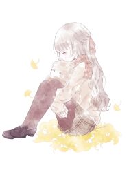 Rule 34 | 1girl, autumn leaves, black footwear, black pantyhose, blush, brown skirt, closed eyes, crying, from side, full body, ginkgo leaf, grey hair, hair ribbon, highres, hugging object, hugging own legs, kotono n0, leaf, loafers, long hair, long sleeves, original, pantyhose, plaid, plaid skirt, ribbon, scarf, shoes, signature, simple background, sitting, skirt, sleeves past wrists, solo, stuffed animal, stuffed toy, sweater, tears, teddy bear, white background
