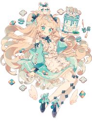 Rule 34 | 1girl, absurdres, black bow, black nails, blonde hair, blue eyes, blush, bow, cake, candy, checkerboard cookie, cookie, ear piercing, food, fork, full body, hair bow, highres, knife, licking lips, long hair, long sleeves, looking at viewer, macaron, nail polish, original, piercing, simple background, solo, sweets, thighhighs, tongue, tongue out, uekura eku, very long hair, white background, white thighhighs, wings