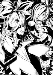 Rule 34 | 1boy, 2girls, antonio (ragnarok online), bow, celine kimi, commentary request, cowboy shot, dress, dual persona, eyepatch, greyscale, grin, hair between eyes, hair bow, hair over one eye, highres, juliet sleeves, long hair, long sleeves, looking at viewer, marionette, missing tooth, monochrome, multiple girls, ooyama kina, parted lips, puffy sleeves, puppet, puppet strings, ragnarok online, smile, string, tearing up