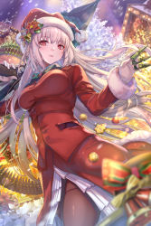 Rule 34 | 1girl, black pantyhose, breasts, bullet, expressionless, fate/grand order, fate (series), florence nightingale (fate), florence nightingale (santa) (fate), gloves, grey hair, gun, hat, highres, holding, holding bullet, holding gun, holding weapon, long hair, looking at viewer, medium breasts, pantyhose, parted lips, red eyes, red hat, santa costume, santa hat, solo, torino aqua, weapon, white gloves