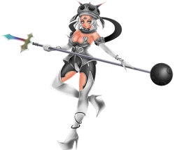 Rule 34 | 1041 (toshikazu), 1girl, angol fear, armor, bare shoulders, breast spikes, breasts, cross, elbow gloves, gloves, hat, high heels, keroro gunsou, polearm, shoes, short hair, solo, soul calibur, soulcalibur, soulcalibur iv, stiletto heels, thighhighs, weapon, white eyes, white hair