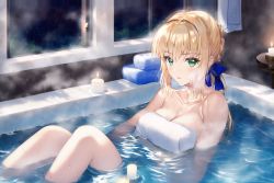 Rule 34 | 1girl, ahoge, aoi777, artoria pendragon (all), artoria pendragon (fate), bath, bathing, bathroom, bathtub, blue ribbon, breasts, candle, fate/stay night, fate (series), hair bun, hair intakes, hair ribbon, highres, indoors, medium breasts, naked towel, partially submerged, ribbon, saber (fate), sidelocks, solo, towel, wet, window