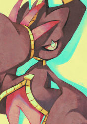 Rule 34 | banette, blue eyes, commentary, creature, creatures (company), english commentary, feet out of frame, game freak, gen 3 pokemon, highres, mega banette, mega pokemon, nintendo, no humans, pokemon, pokemon (creature), salanchu, shadow, simple background, solo, standing, yellow background