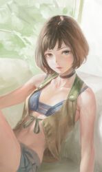 Rule 34 | 1girl, bare shoulders, bikini, bikini top only, bob cut, breasts, brown eyes, brown hair, character request, choker, lips, nababa, short hair, sitting, small breasts, solo, swimsuit, vest