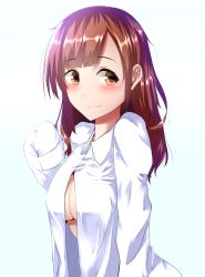 Rule 34 | 10s, 1girl, absurdres, alternate hairstyle, blush, breasts, brown eyes, brown hair, closed mouth, gradient background, hair down, highres, idolmaster, idolmaster cinderella girls, igarashi kyoko, long hair, long sleeves, looking at viewer, medium breasts, naked shirt, open clothes, open shirt, shirt, sideboob, simple background, sleeves past wrists, smile, solo, upper body, white shirt, yigra don