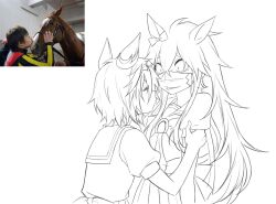 Rule 34 | 1boy, 2girls, arm grab, bow, bowtie, closed eyes, creature and personification, durandal (racehorse), ear bow, ear ornament, fukuro (maruaru00), genderswap, genderswap (mtf), hair between eyes, height difference, highres, horse, ikezoe ken&#039;ichi, imitating, imminent kiss, jockey, kiss, lineart, long hair, long sleeves, mask, messy hair, mouth mask, multiple girls, orfevre (racehorse), orfevre (umamusume) (old design), original, personification, photo-referenced, photo inset, pleated skirt, puffy short sleeves, puffy sleeves, real life, reference inset, reins, school uniform, short hair, short sleeves, skirt, summer uniform, tracen school uniform, umamusume, upper body, very long hair, waist bow, wide-eyed, yuri