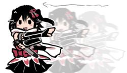 Rule 34 | 1girl, afterimage, arrow (symbol), black eyes, black gloves, black hair, black skirt, blush stickers, bow, cowboy shot, elbow gloves, fingerless gloves, gloves, hair between eyes, hair ornament, holding, holding torpedo, holding weapon, kantai collection, looking at viewer, medium hair, outstretched arm, pleated skirt, red bow, red sash, sash, scarf, sendai (kancolle), sendai kai ni (kancolle), simple background, skirt, sleeveless, solo, terrajin, torpedo, triangle mouth, two side up, weapon, white background, white scarf