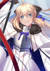 Rule 34 | 1girl, ahoge, armor, armored dress, black gloves, blonde hair, blue eyes, blue hair, bow, breastplate, chain, cloak, dress, fate/grand order, fate (series), fur-trimmed cloak, fur trim, gloves, hair bow, highres, long hair, long sleeves, looking at viewer, multicolored hair, polearm, ponytail, ryofuhiko, smile, solo, aesc (fate), two-tone hair, very long hair, weapon, white cloak, white dress, wide sleeves