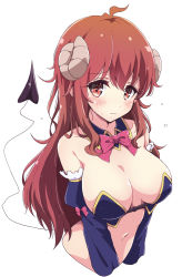 Rule 34 | 1girl, ahoge, bare shoulders, blush, bow, bowtie, breasts, cleavage, cropped torso, curled horns, demon girl, demon horns, demon tail, detached collar, detached sleeves, highres, horns, large breasts, long hair, machikado mazoku, mel (melty pot), navel, pink bow, pink bowtie, simple background, solo, tail, tears, upper body, white background, yoshida yuuko (machikado mazoku)