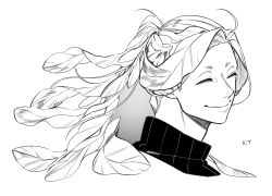 Rule 34 | 1boy, closed eyes, closed mouth, commentary request, facing viewer, greyscale, highres, long hair, male focus, monochrome, original, plant hair, ponytail, portrait, seaweed, simple background, smile, solo, white background, zzb azz