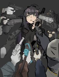 Rule 34 | 1girl, aiming, animal ears, arknights, black background, black gloves, black hoodie, bolt action, cat ears, character request, clich51368861, colored inner hair, commentary, cropped torso, disembodied hand, ears down, frown, furrowed brow, glock, gloves, gun, hair ornament, handgun, hands up, holding, holding gun, holding weapon, hood, hood down, hoodie, jessica (arknights), jessica the liberated (arknights), john wick, long hair, long sleeves, looking at viewer, luger p08, multicolored hair, open mouth, parody, ponytail, purple hair, revolver, scared, simple background, small sweatdrop, surrounded by guns, upper body, weapon, welrod, white gloves, yellow eyes