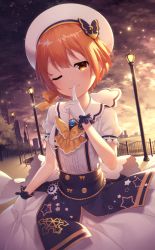 Rule 34 | 1girl, ;), ascot, bad id, bad pixiv id, brooch, butterfly hair ornament, commentary request, finger to mouth, frilled gloves, frills, gloves, hair ornament, hair ribbon, half-closed eye, highres, hoshizora rin, jewelry, kyouou ena, lamppost, looking at viewer, love live!, love live! school idol festival, love live! school idol project, one eye closed, orange eyes, orange hair, orange ribbon, outdoors, railing, ribbon, shirt, short hair, short sleeves, skirt, skirt hold, sky, smile, solo, star (sky), star (symbol), star hair ornament, star print, starry sky, suspender skirt, suspenders, twilight, white headwear, white shirt, yellow ascot