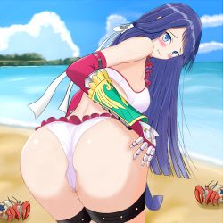 Rule 34 | 1girl, :t, absurdres, ass, bare shoulders, bikini, blue eyes, blue hair, blush, breasts, cameltoe, elbow gloves, fate/grand order, fate (series), from behind, gloves, hair ribbon, hand on ass, highres, large breasts, leaning, leaning forward, long hair, looking at viewer, martha (fate), martha (swimsuit ruler) (fate), pout, ribbon, shiny skin, sideboob, solo, swimsuit, thigh strap, toymark, very long hair